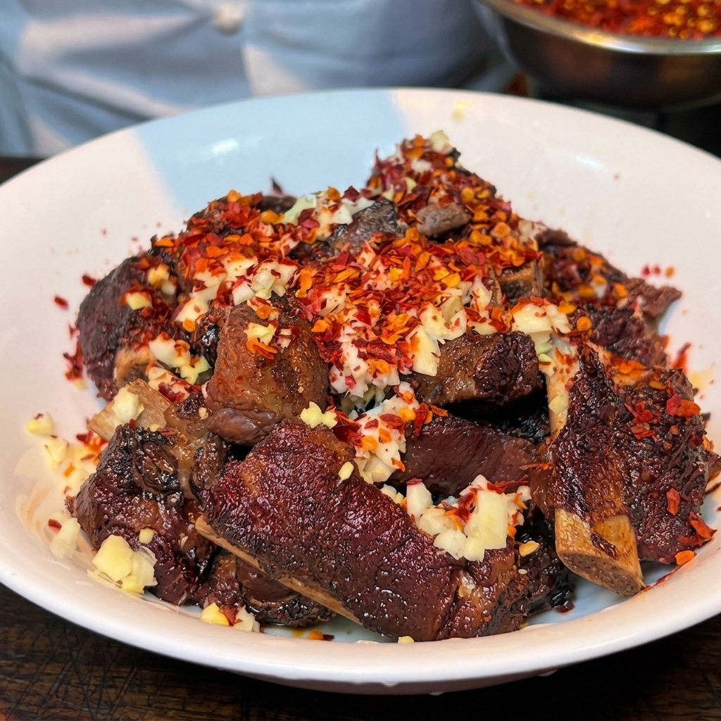Angebratene Schweinerippchen liegen aufgeschichtet in einer weißen Schüssel und sind mit einer Schicht aus fein gehacktem Knoblauch, Ingwer und rotem Chilipulver bedeckt.