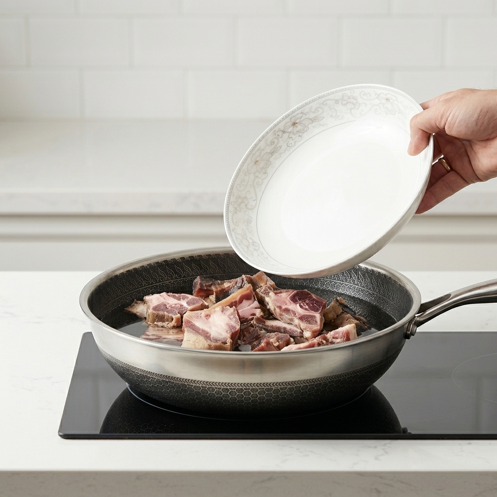 Eine Hand gibt die gehackten, gepökelten Schweinerippchen von einem weißen Teller in einen mit kaltem Wasser gefüllten Edelstahl-Wok.