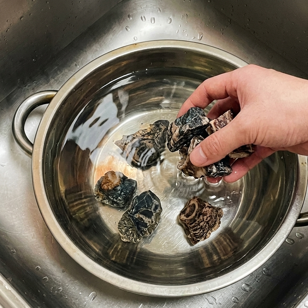 Eine Hand legt Stücke von gepökelten Schweinerippchen in eine Edelstahlschale mit Wasser in einer Metallspüle.