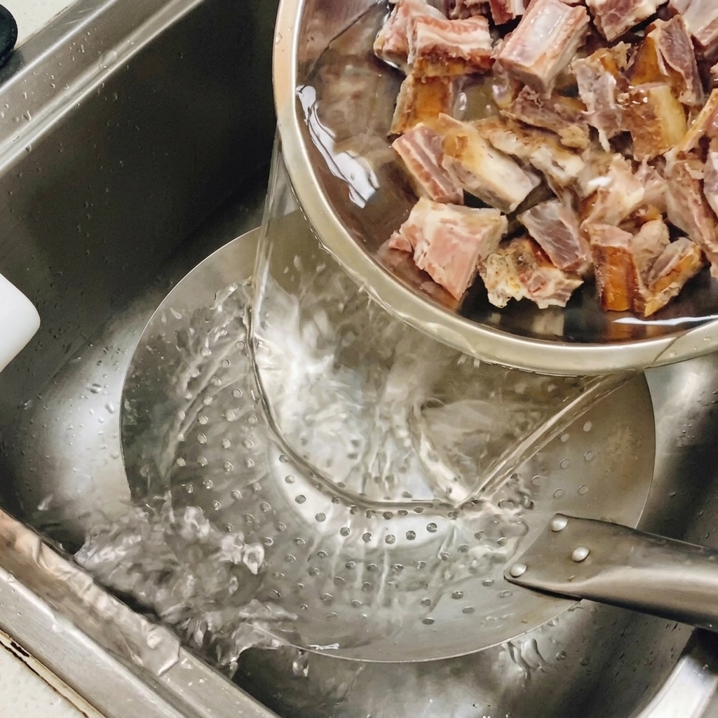 Eingeweichte gepökelte Schweinerippchen werden aus einer Edelstahlschale zum Abtropfen in ein Metallsieb in einer Spüle gegossen.