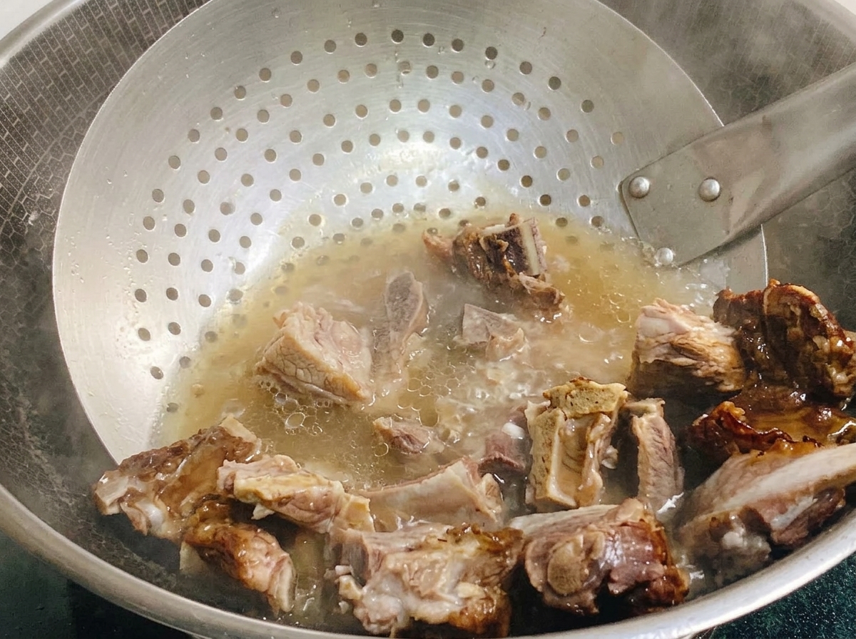 Blanchierte Stücke von gepökelten Schweinerippchen werden mit einem Schaumlöffel aus einem Wok mit kochendem Wasser gehoben.