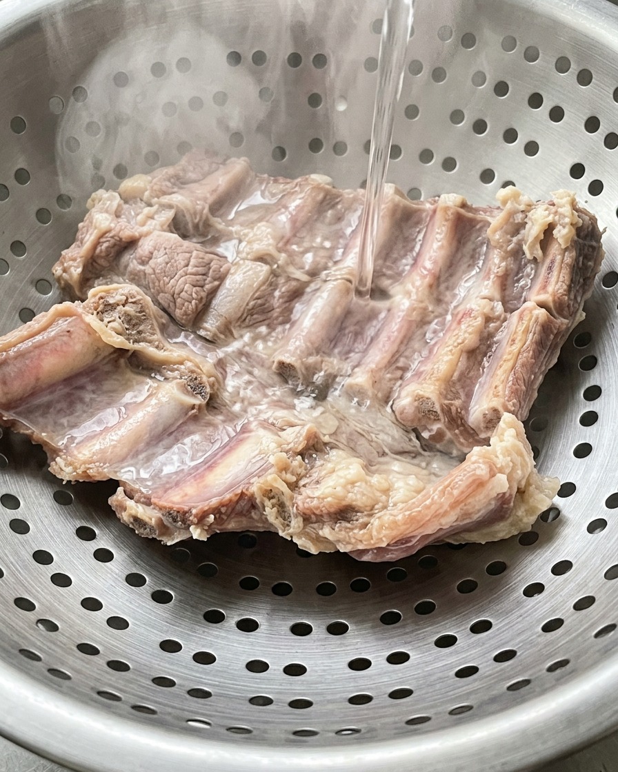 Ein Strahl klaren Wassers fließt über dampfende, blanchierte Schweinerippchen in einem Edelstahlsieb.