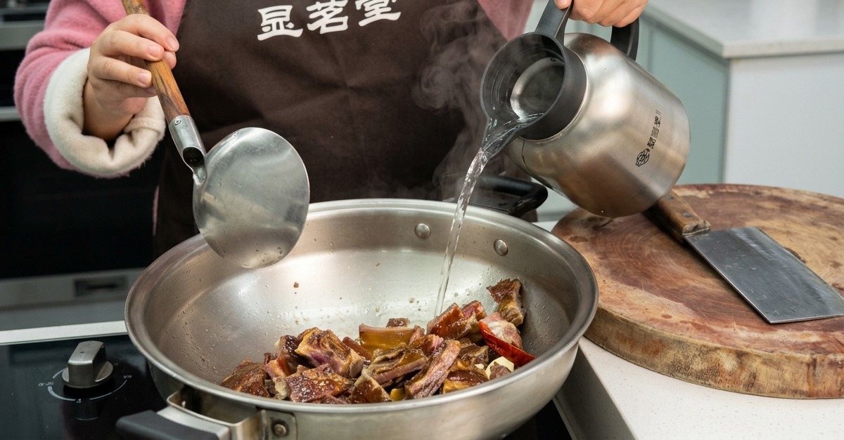 Kochendes Wasser wird aus einer Edelstahl-Isolierkanne in einen Wok voller gepökelter Schweinerippchen und aromatischer Gewürze gegossen.