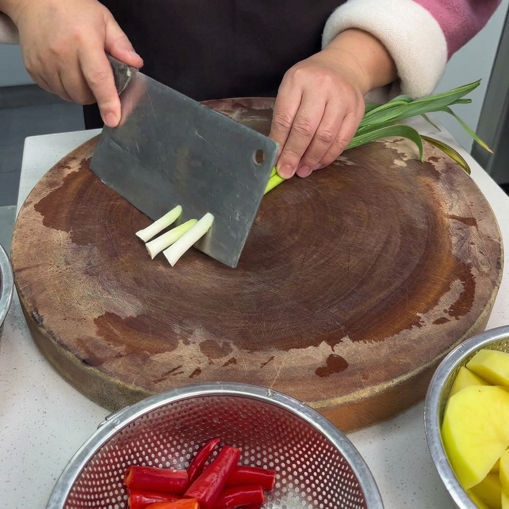Nahaufnahme von Händen, die grüne Knoblauchsprossen auf einem runden Holzbrett schneiden; in Schüsseln sind rote Chilis und Kartoffeln zu sehen.
