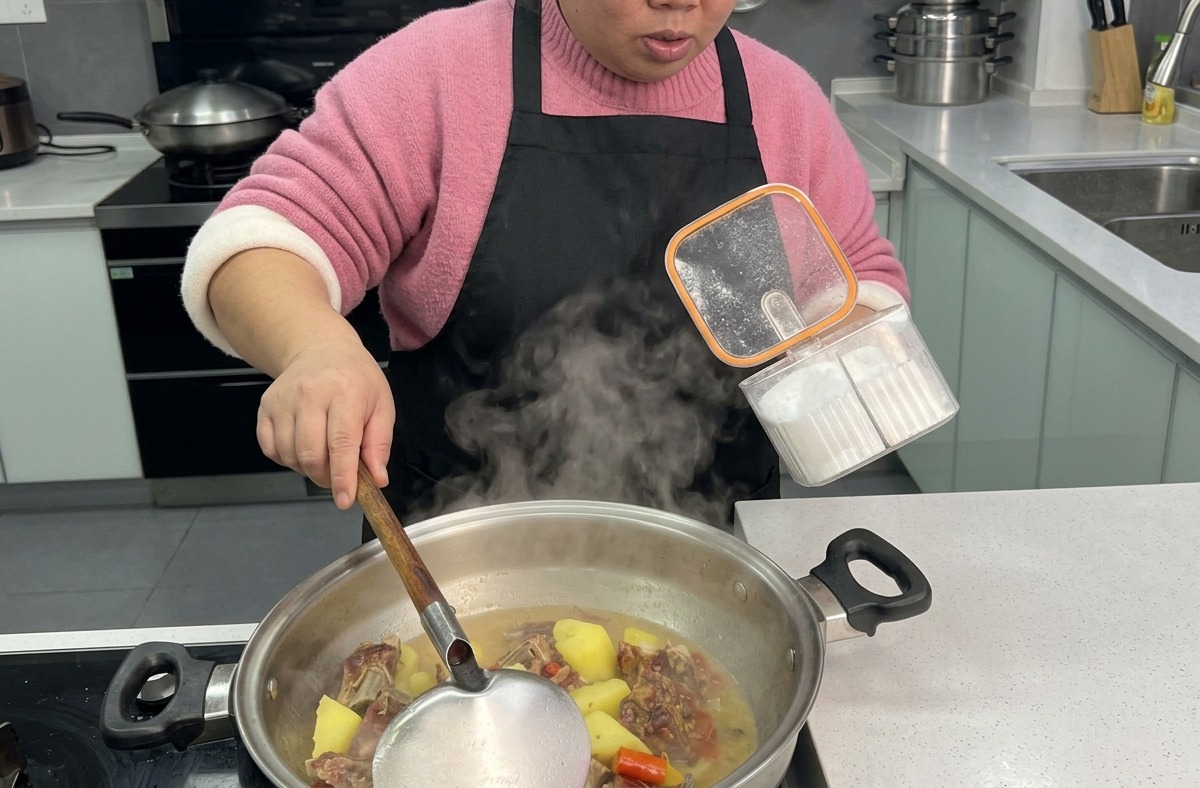Eine Frau gibt mit einem Schöpflöffel Würzmittel aus einem durchsichtigen Behälter in einen köchelnden Wok mit Schweinerippchen und Kartoffeln.