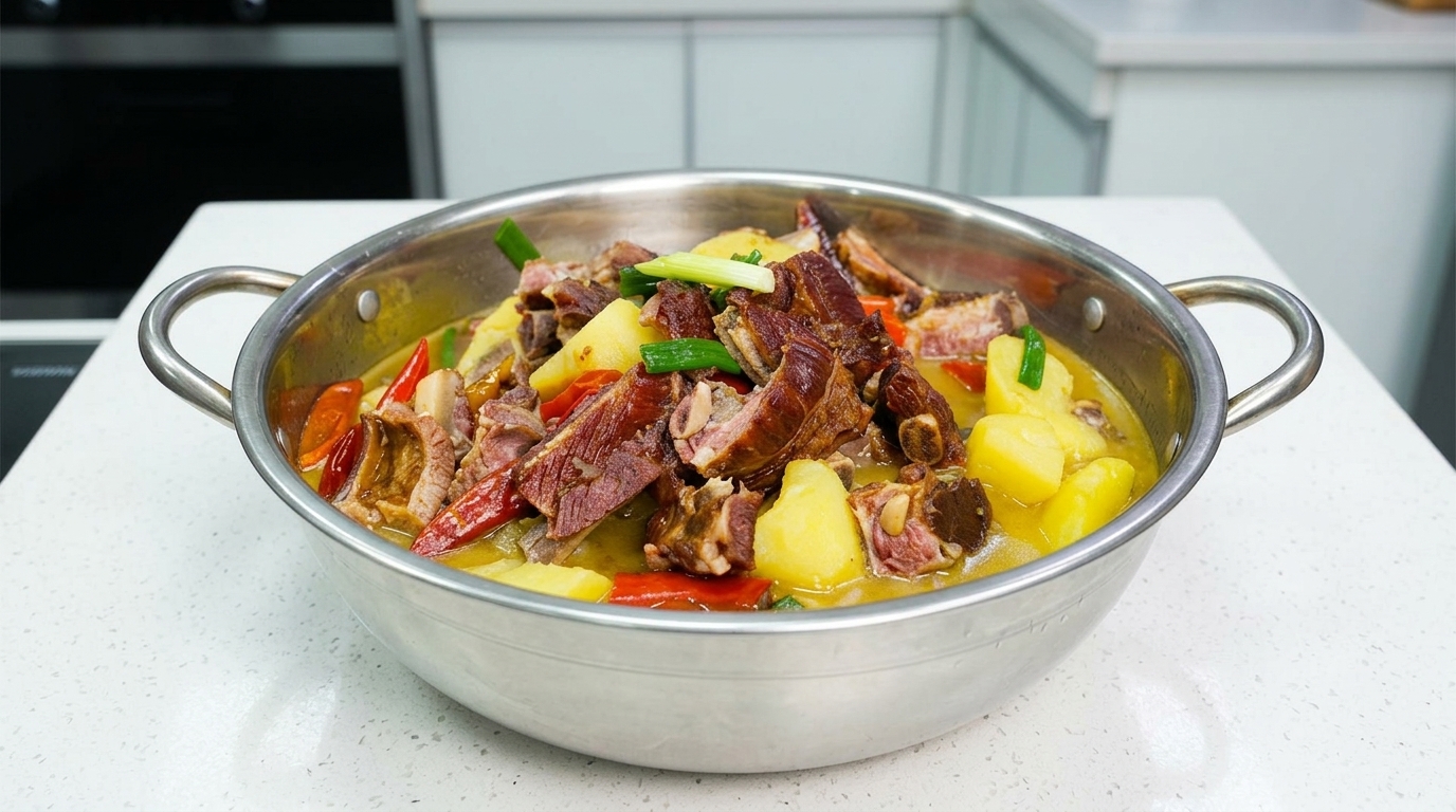Eine Edelstahlschüssel gefüllt mit einem herzhaften Eintopf aus gepökelten Rippchen und Kartoffeln, garniert mit frischen grünen Knoblauchsprossen und roter Chili.