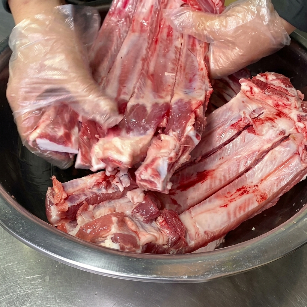 Behandschuhte Hände reiben und massieren klaren Schnaps in rohe Schweinerippchen in einer Edelstahlschüssel.