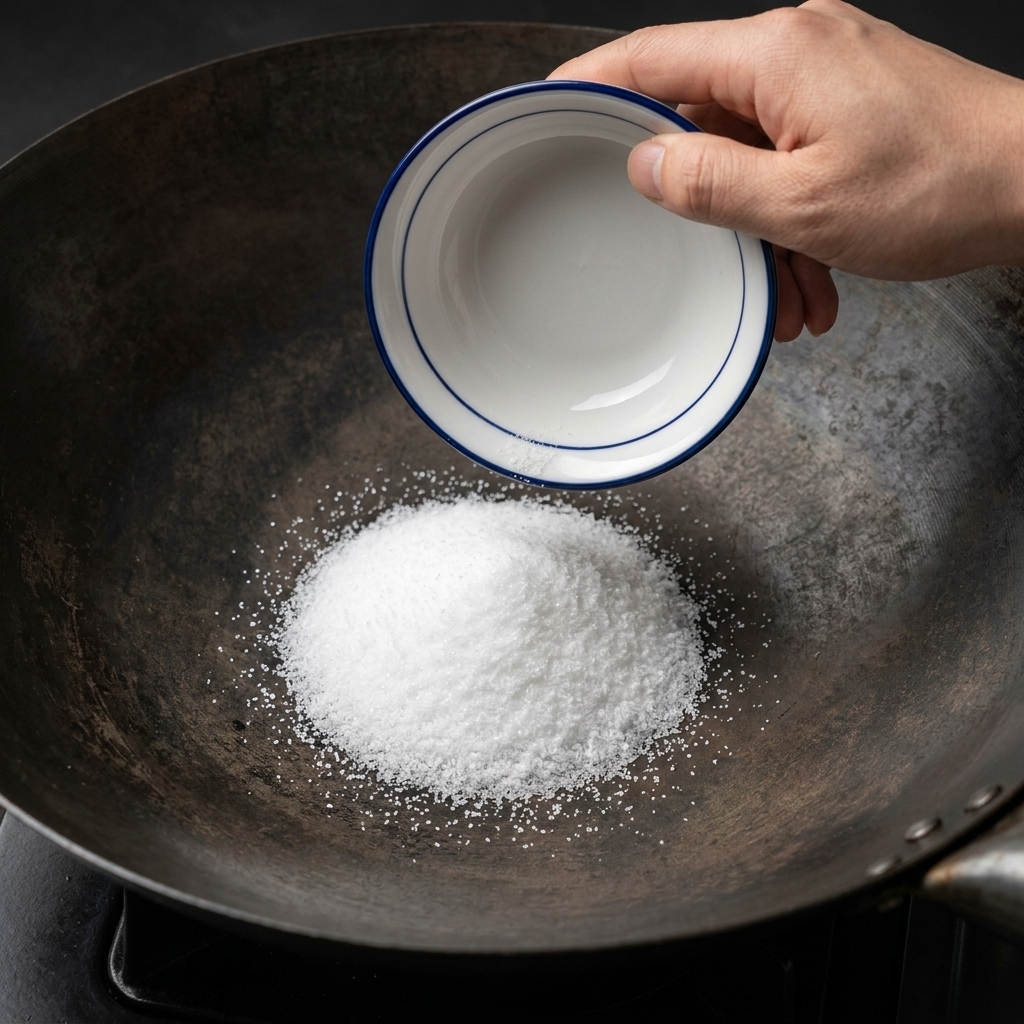 Eine kleine Schale schüttet einen Berg weißes Speisesalz in einen eingebrannten schwarzen Wok.