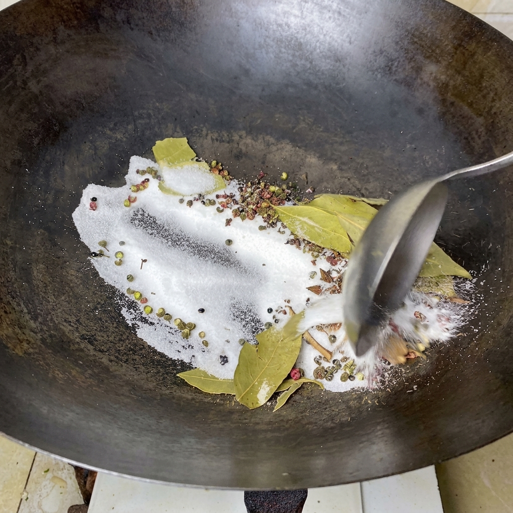 Eine Metallkelle mischt grobes weißes Salz, grünen Sichuanpfeffer und Lorbeerblätter in einem dunklen Wok.