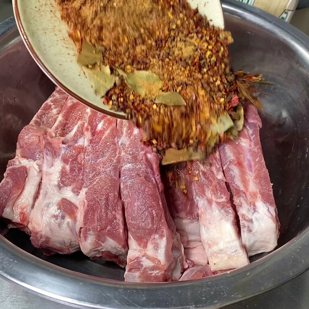 Eine abgekühlte, rotbraune Gewürz-Salz-Mischung wird auf rohe Schweinerippchen in einem Metallbecken gegossen.