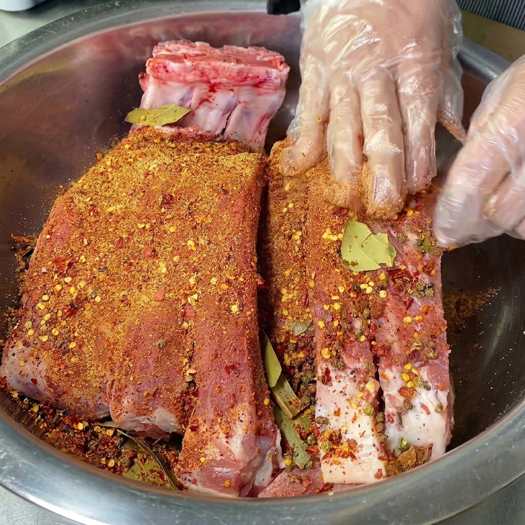 Behandschuhte Hände reiben eine leuchtend rote Gewürz-Salz-Mischung fest über lange Racks von Schweinerippchen in einer Schüssel.