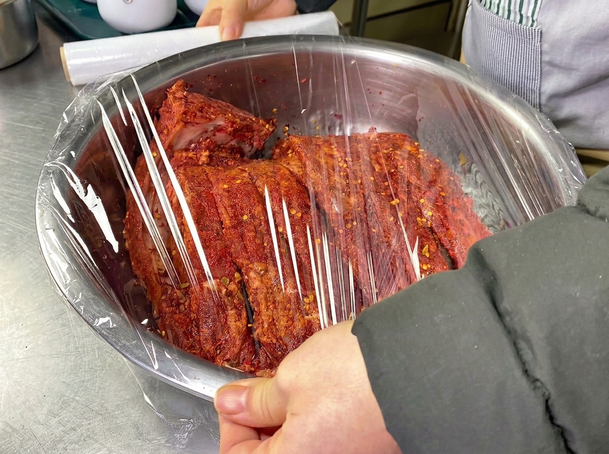 Klare Frischhaltefolie wird von einer Rolle gezogen, um eine Edelstahlschüssel mit gewürzten Schweinerippchen zu versiegeln.