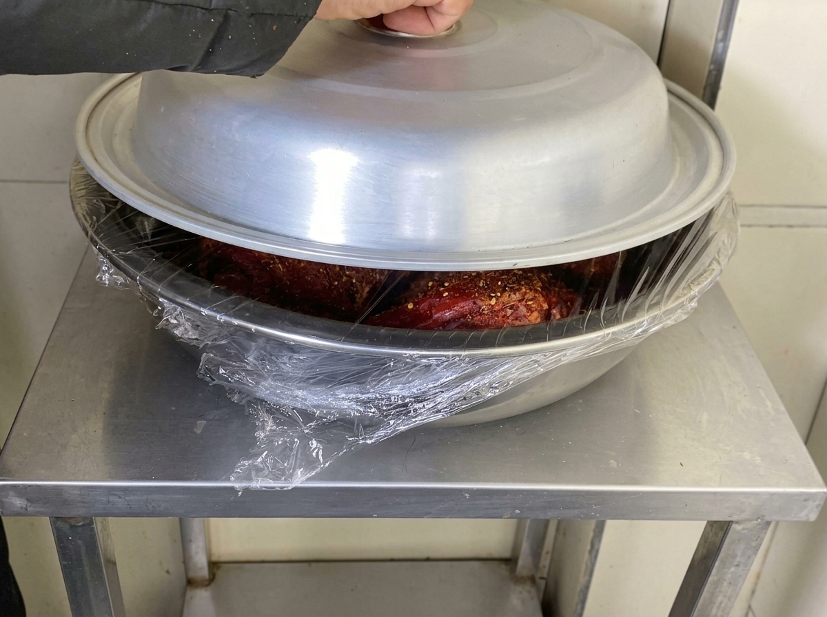 Eine große Edelstahlschüssel voller tiefroter, gewürzter Schweinerippchen, eingewickelt in Klarsichtfolie, auf die eine Hand einen großen silbernen Metalldeckel legt.