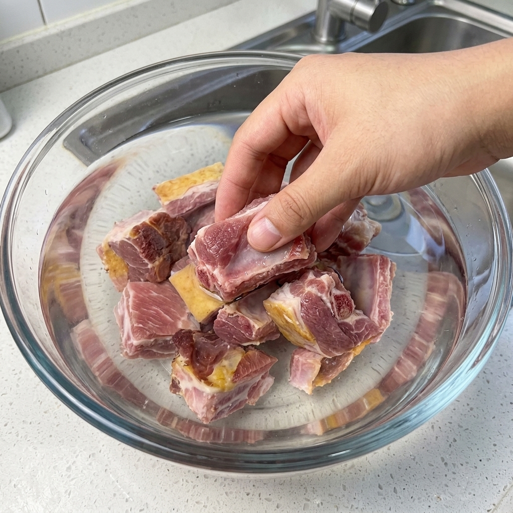 Eine Hand legt Stücke von rohen Schweinerippchen mit Schwarte zum Einweichen in eine klare Glasschüssel mit Wasser.