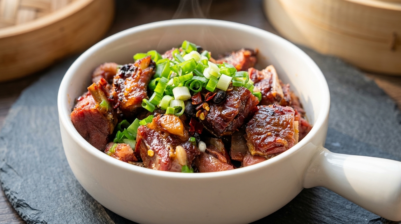 Authentische gedämpfte gepökelte Schweinerippchen nach Hunan-Art mit schwarzen Bohnen