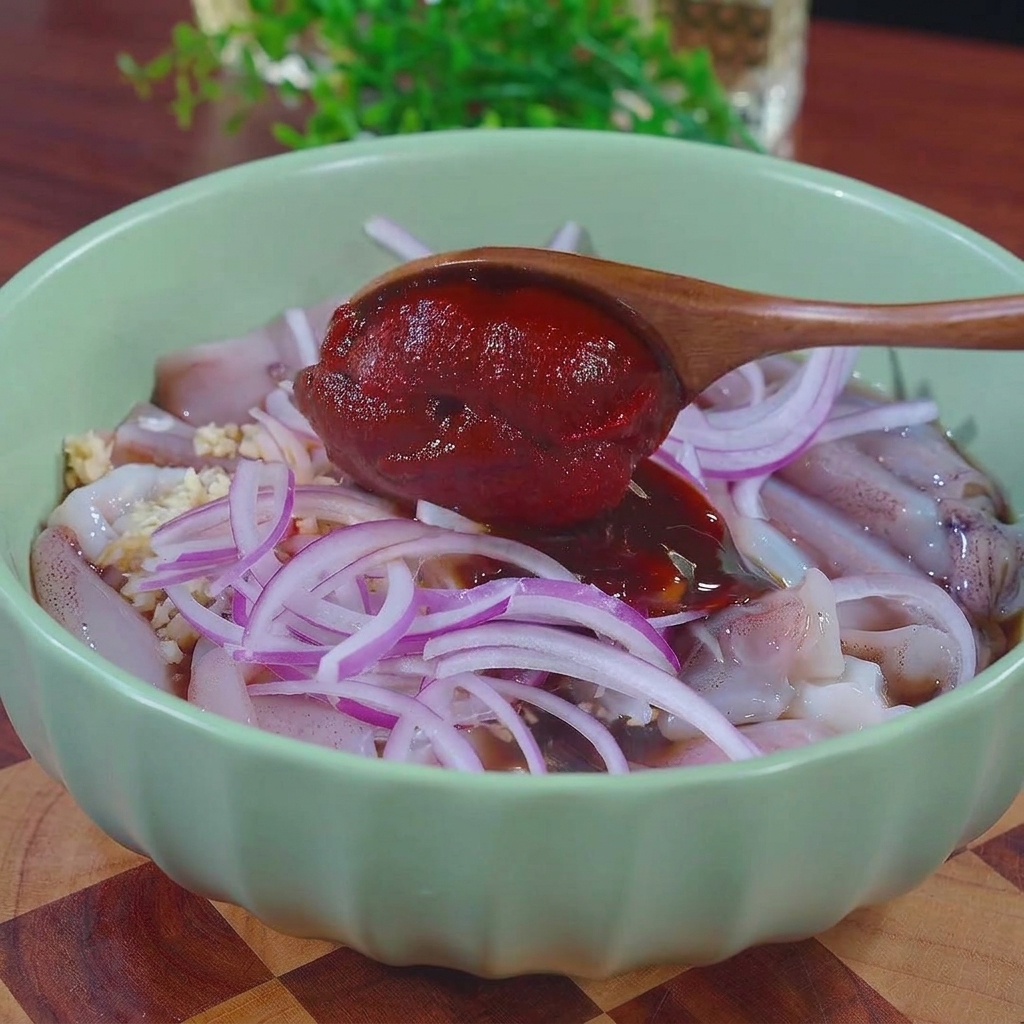 Ein Holzlöffel gibt einen großen Löffel leuchtend rote Chilipaste in eine grüne Schüssel mit rohen Tintenfisch- und Zwiebelstreifen.