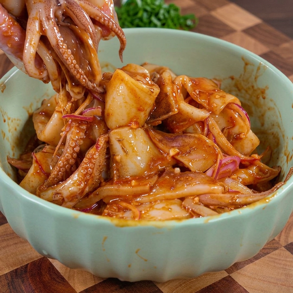 Eine Hand mischt und hebt gewürzte rohe Tintenfischstreifen, die mit einer roten, herzhaften Sauce und Zwiebelstreifen überzogen sind, in einer hellgrünen Schüssel.