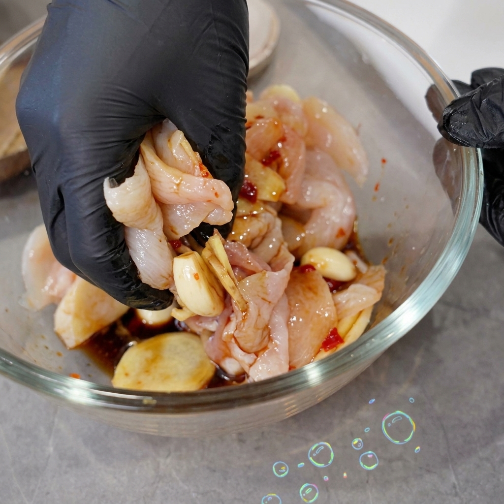 Eine Hand mit schwarzem Handschuh vermengt und massiert eine reichhaltige, rötlich-braune Marinade in die rohen Tintenfischstücke in einer Glasschüssel.