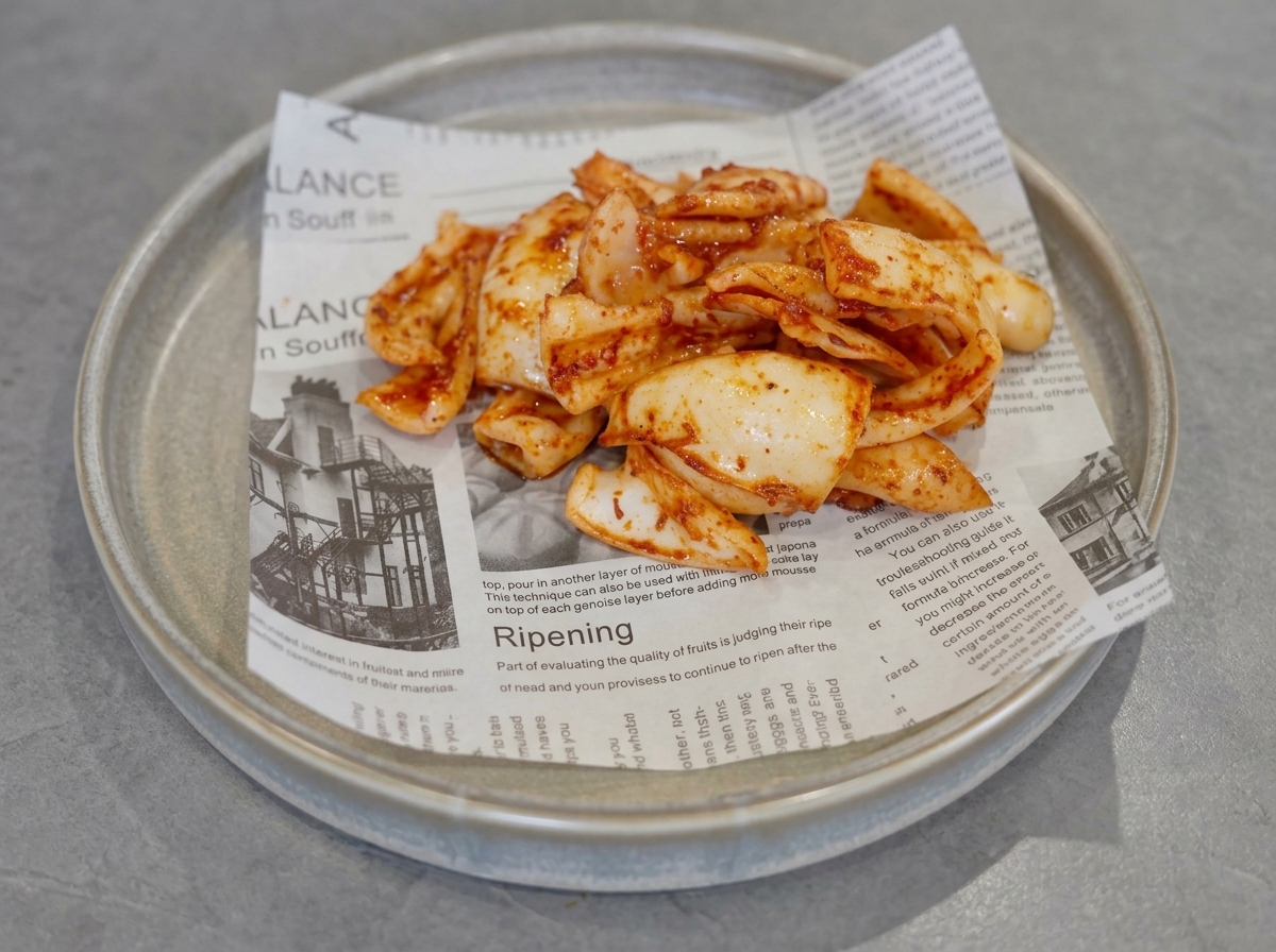 Gewürzte gegrillte Tintenfischstücke liegen aufgeschichtet auf einem Servierteller, der mit bedrucktem Pergamentpapier ausgelegt ist.