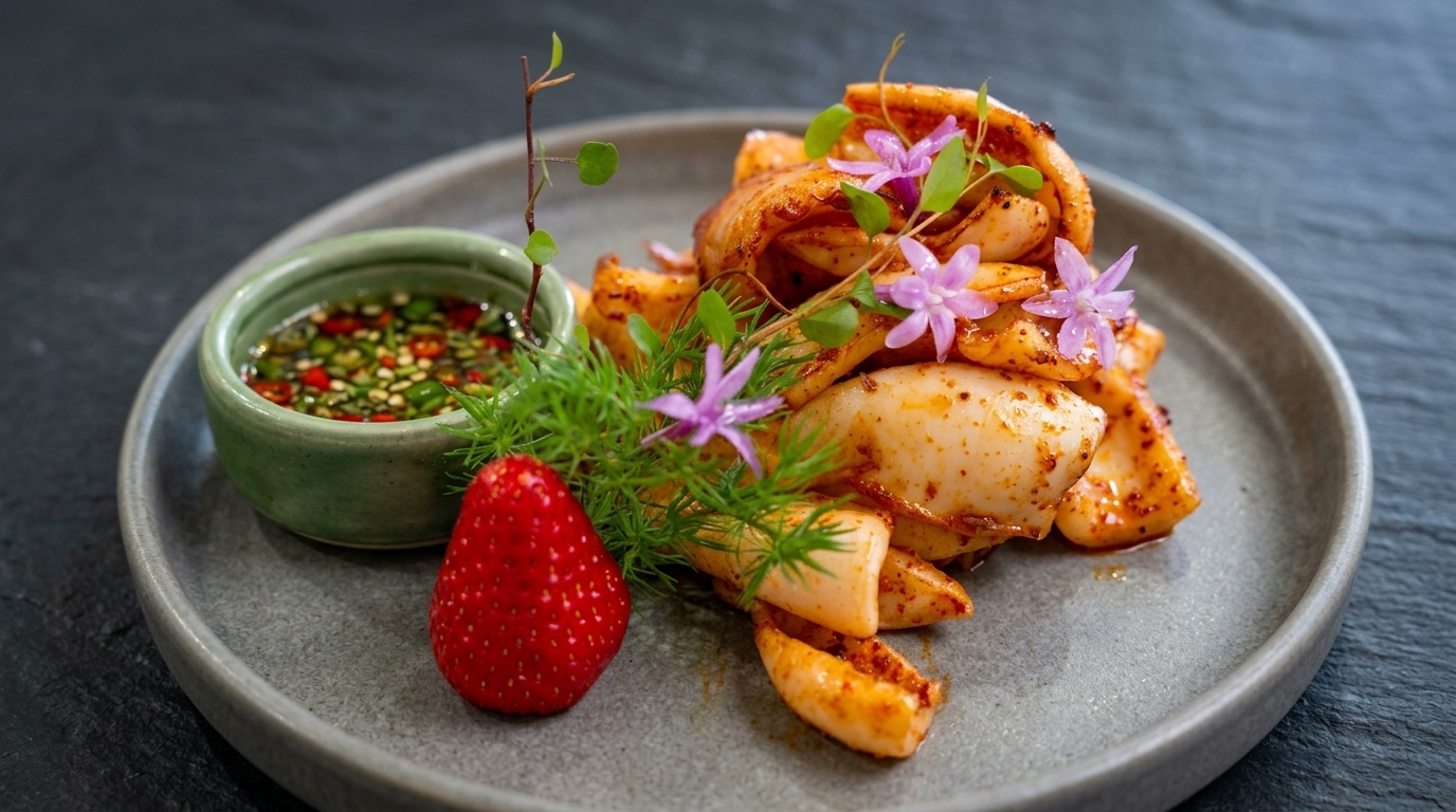 Knusprig gegrillter Tintenfisch im Holzkohle-Stil mit scharfem Zitrus-Dipp