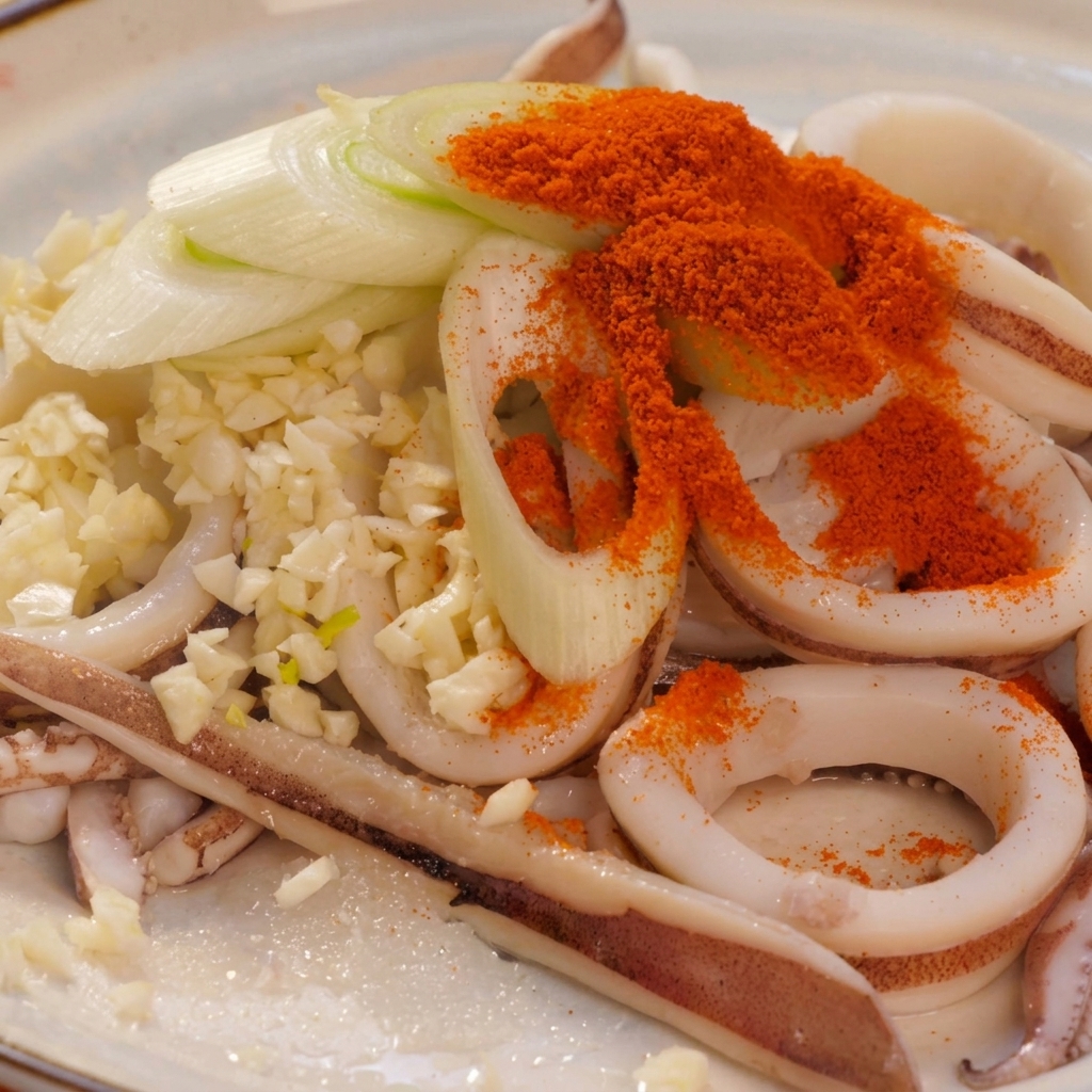 Blanchierte Tintenfischringe auf einem Teller, bedeckt mit gehacktem Knoblauch, Frühlingszwiebeln und einer kräftigen Schicht leuchtend rotem Chilipulver.