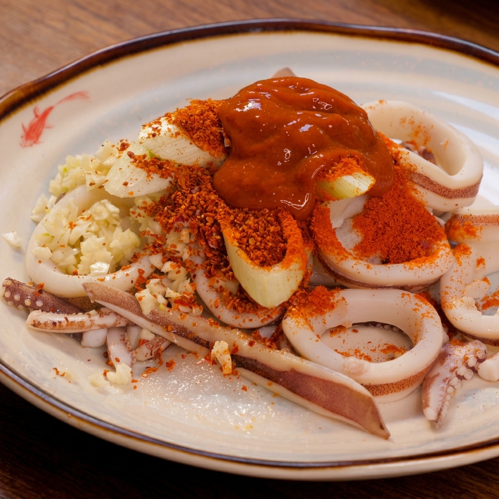 Ein großer Klecks dunkelrote koreanische Chilipaste sitzt auf den Frühlingszwiebeln, dem Chilipulver, dem Knoblauch und den blanchierten Tintenfischringen.