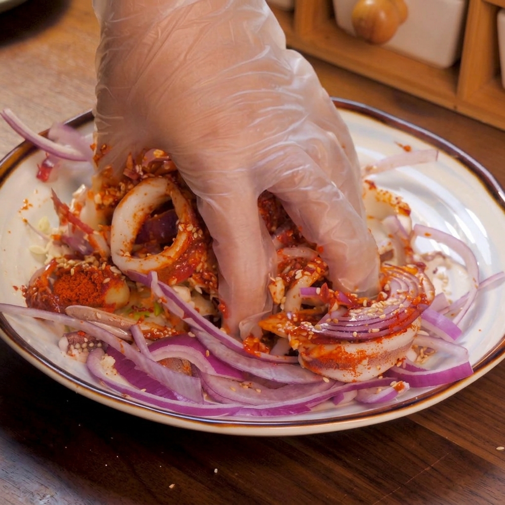 Eine Hand mit einem durchsichtigen Plastikhandschuh vermengt Tintenfischringe, rote Zwiebeln und die scharfe rote Würzmischung auf einem Keramikteller.