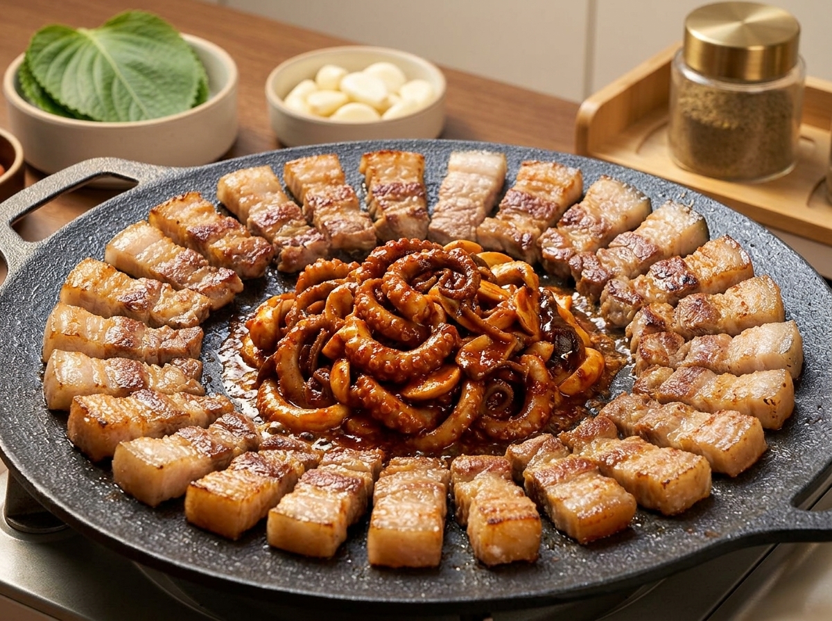Eine runde Grillplatte, auf der die krossen Schweinebauchstreifen kreisförmig am Rand angeordnet sind, während in der Mitte ein Berg scharf marinierter Tintenfisch mit Zwiebeln liegt.