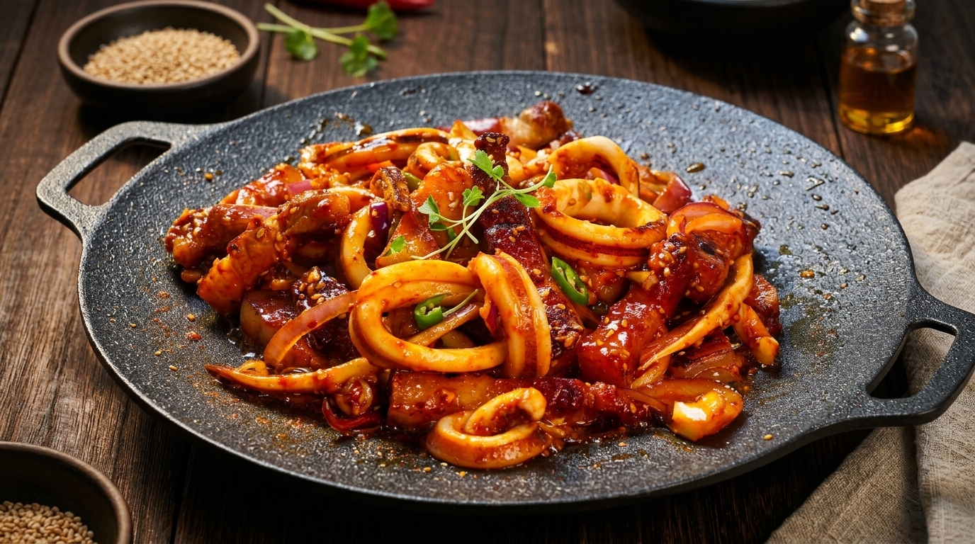 Feuriges koreanisches Tintenfisch-Teppanyaki mit Schweinebauch (Osam Bulgogi)