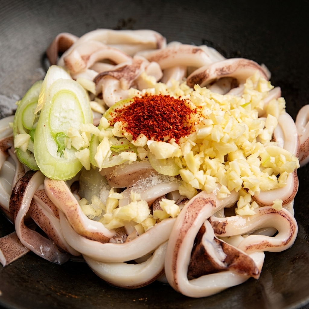 Gehackter Knoblauch, grüne Frühlingszwiebeln und rotes Chilipulver liegen auf den Tintenfischringen in einer Schüssel.