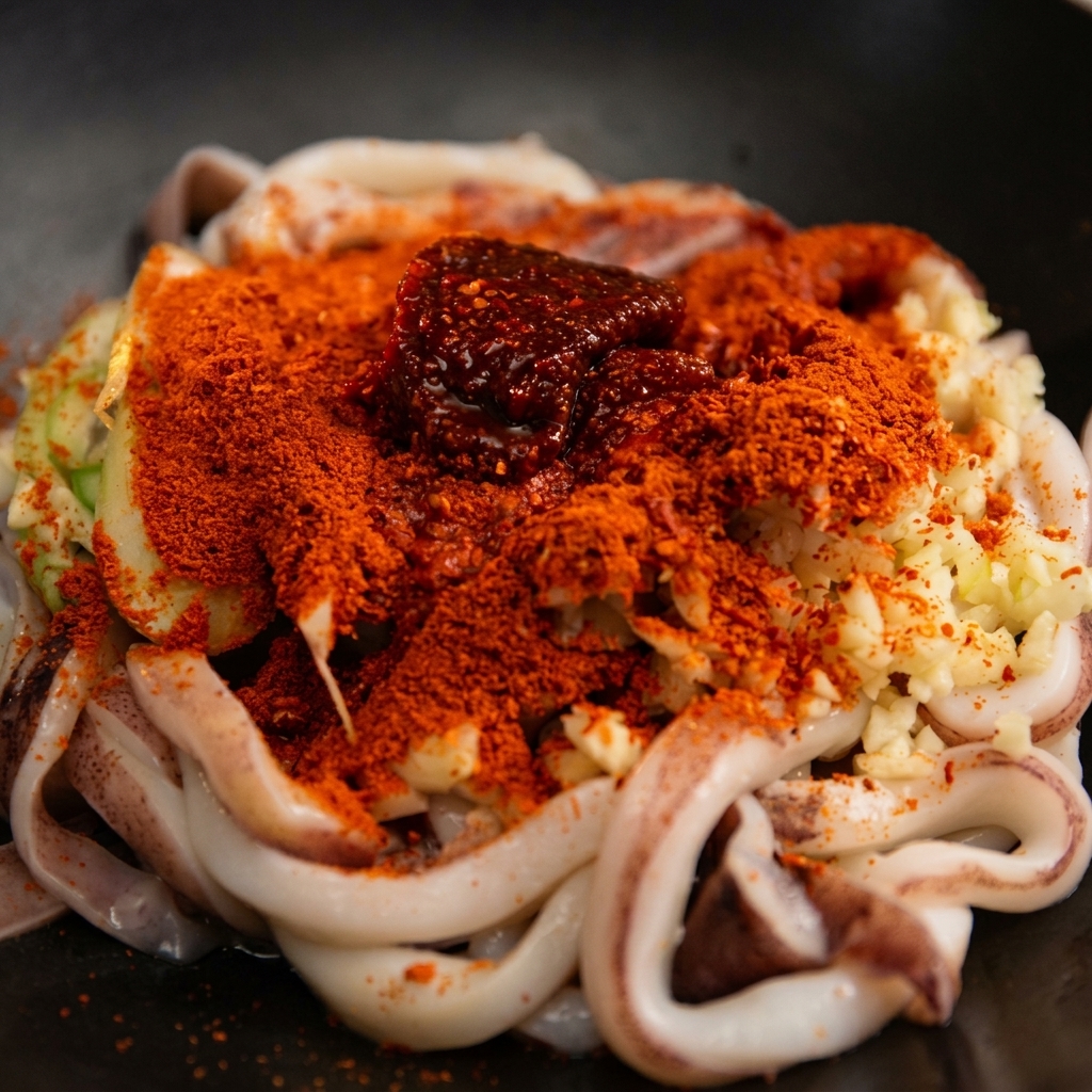 Ein dunkler Klecks koreanische Chilipaste umgeben von rotem Chilipulver auf dem gewürzten Tintenfisch.