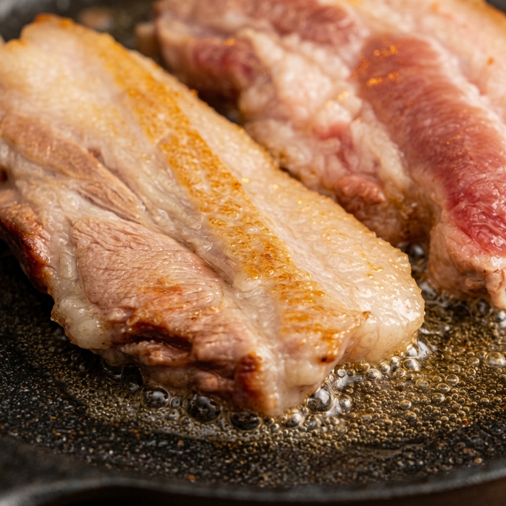 Dicke Schweinebauchstreifen braten auf einer heißen Gusseisenplatte, während das ausgelassene Fett um das goldbraune Fleisch herum brodelt.