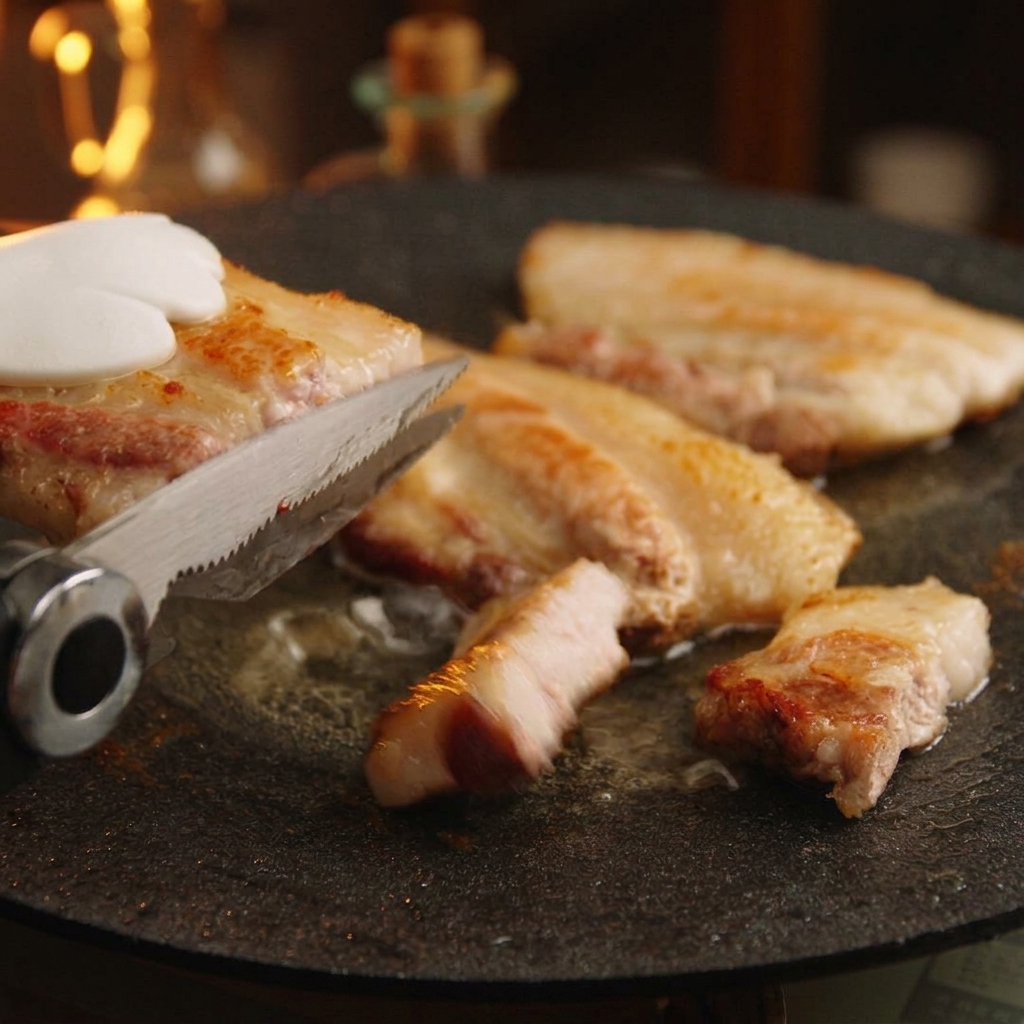 Eine Küchenschere schneidet ein dickes Stück gebratenen Schweinebauch über einer heißen, runden Grillpfanne in kleinere Stücke.