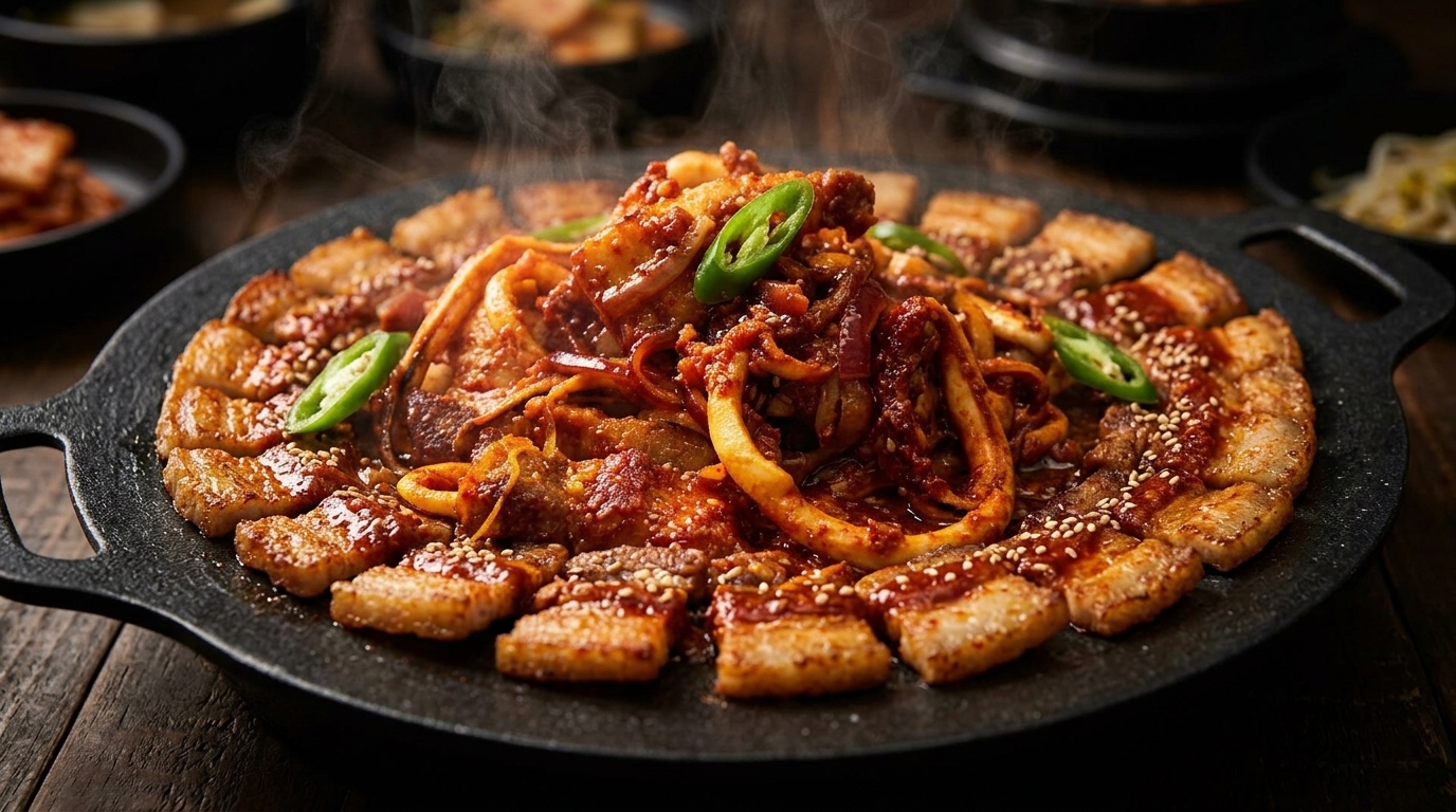 Scharfes koreanisches Osam-Bulgogi mit Tintenfisch und Schweinebauch