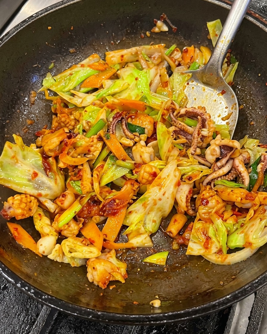 Nahaufnahme von Tintenfisch, Schweinebauch, Kohl und Karotten, die mit einem Metallspatel in einem Wok gebraten werden und vollständig mit einer glänzenden roten Sauce überzogen sind.