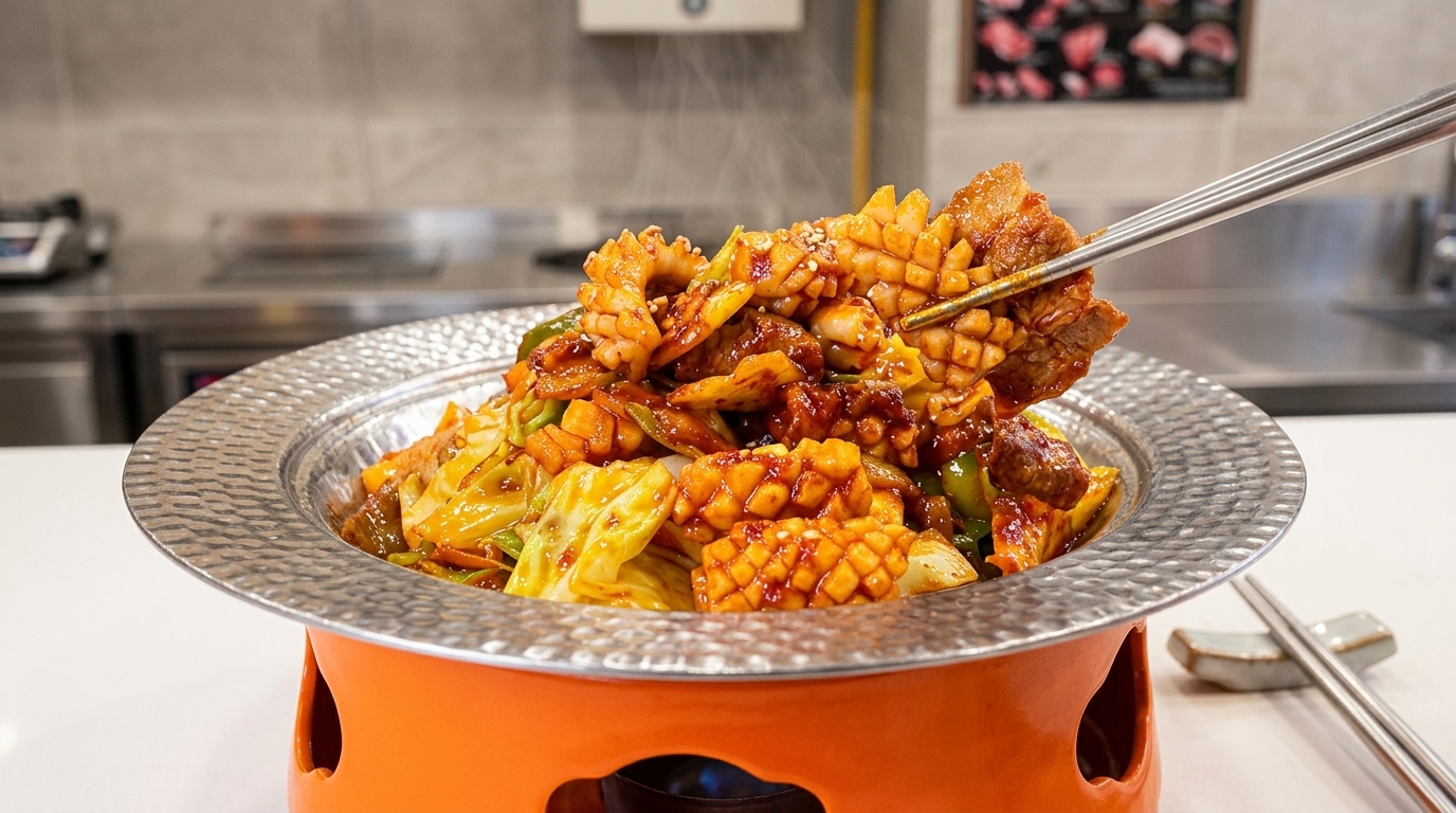 Scharfe koreanische Tintenfisch- und Schweinebauch-Pfanne (Osam-Bulgogi)