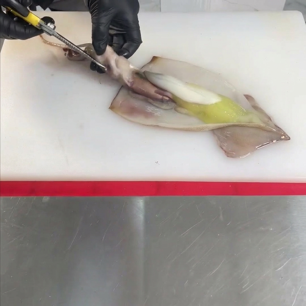 Hände in Handschuhen schneiden einen rohen Tintenfisch mit einer Schere auf einem weißen Schneidebrett auf und reinigen ihn.