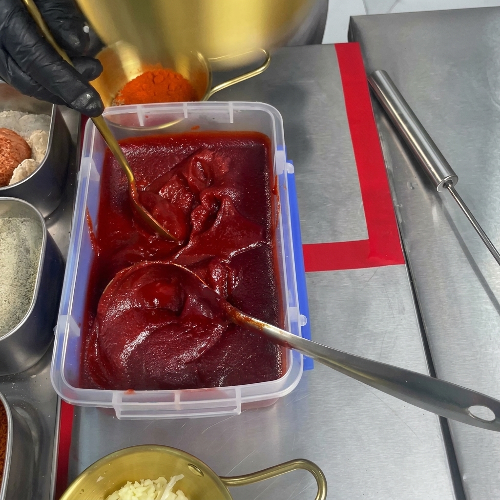 Ein Metalllöffel nimmt dicke, hellrote Chilipaste aus einem großen Behälter auf, um sie in eine Schüssel zu geben.