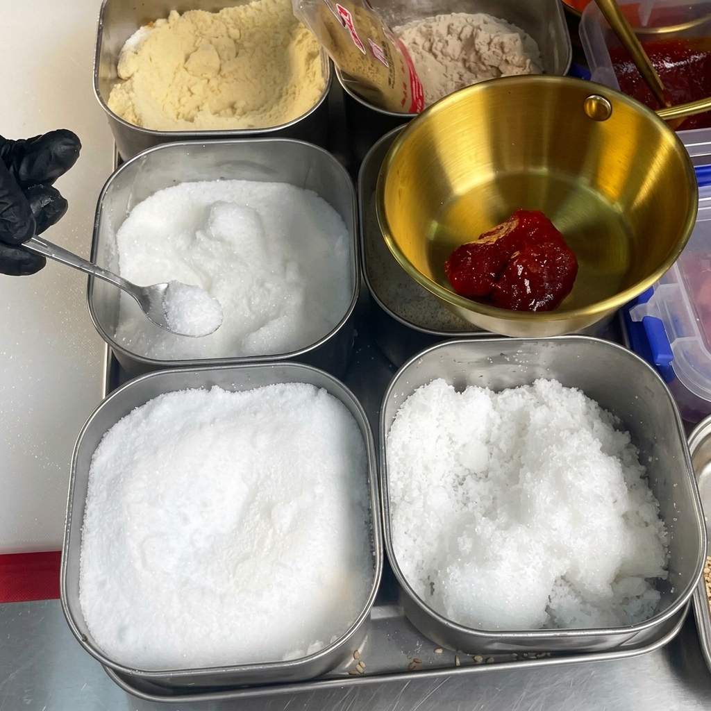 Ein kleiner Löffel gibt weiße Kristalle in eine Metallschüssel mit roter Chilipaste.
