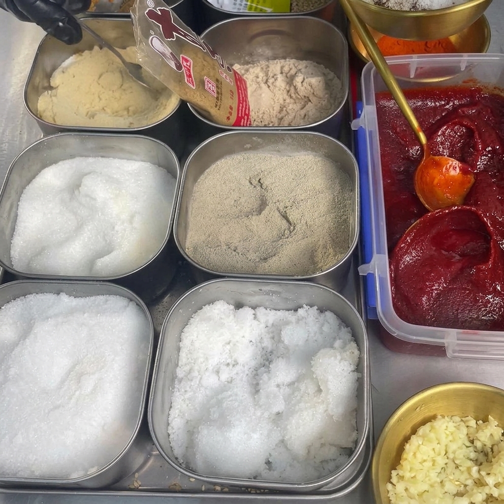 Verschiedene trockene Gewürze und gemahlener Pfeffer werden in eine Metallschüssel mit Chilipaste und weißem Zucker gegeben.