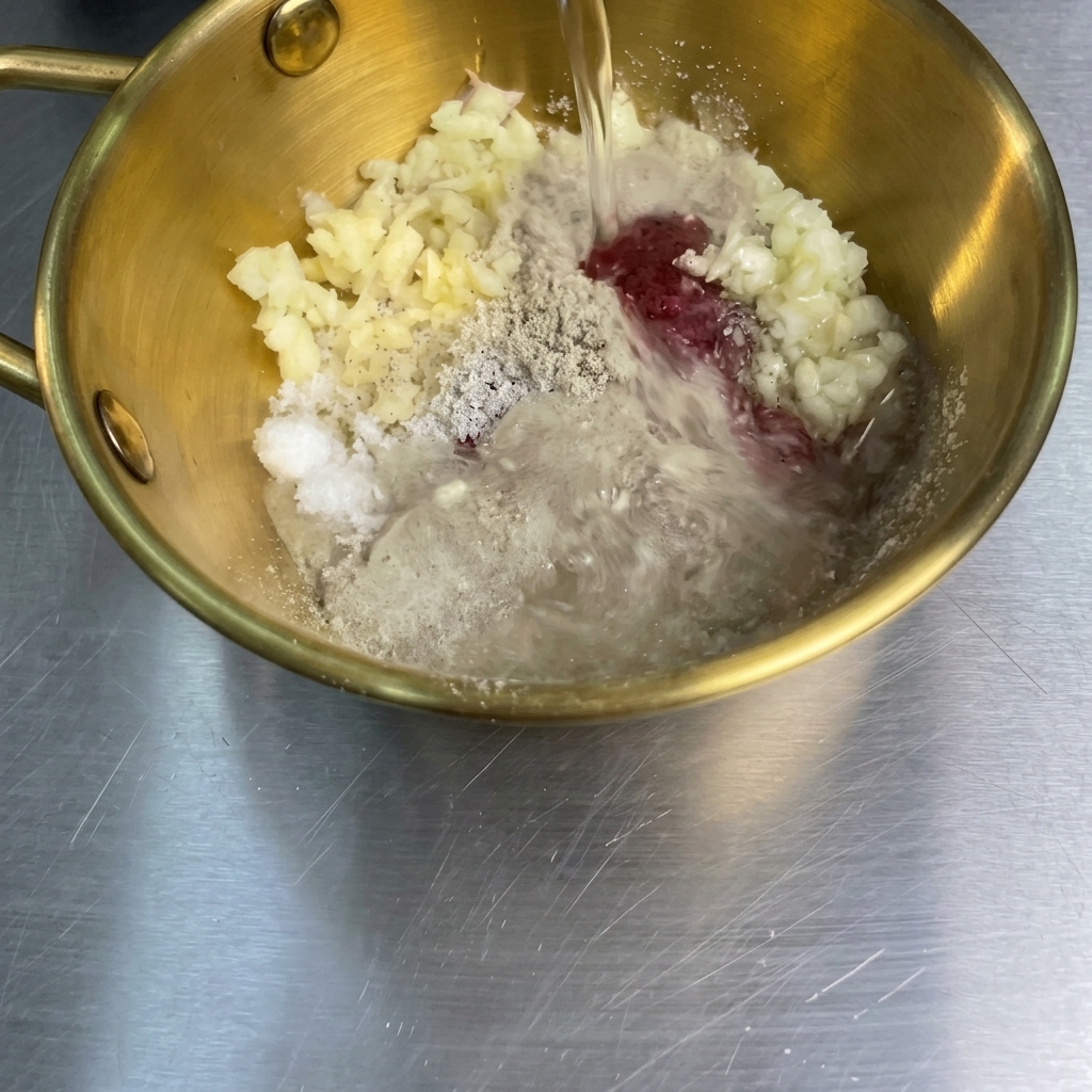 Klare Limonade wird von oben in eine Schüssel gegossen, die mit gehacktem Knoblauch, roter Chilipaste und Gewürzen gefüllt ist.
