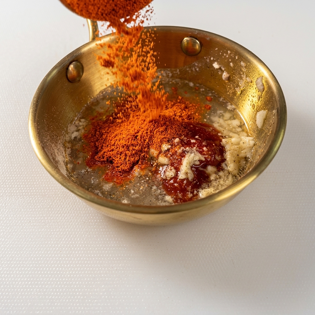 Leuchtend rotes Chilipulver wird in eine Schüssel mit Knoblauch, Zucker und Flüssigkeit geschüttet.