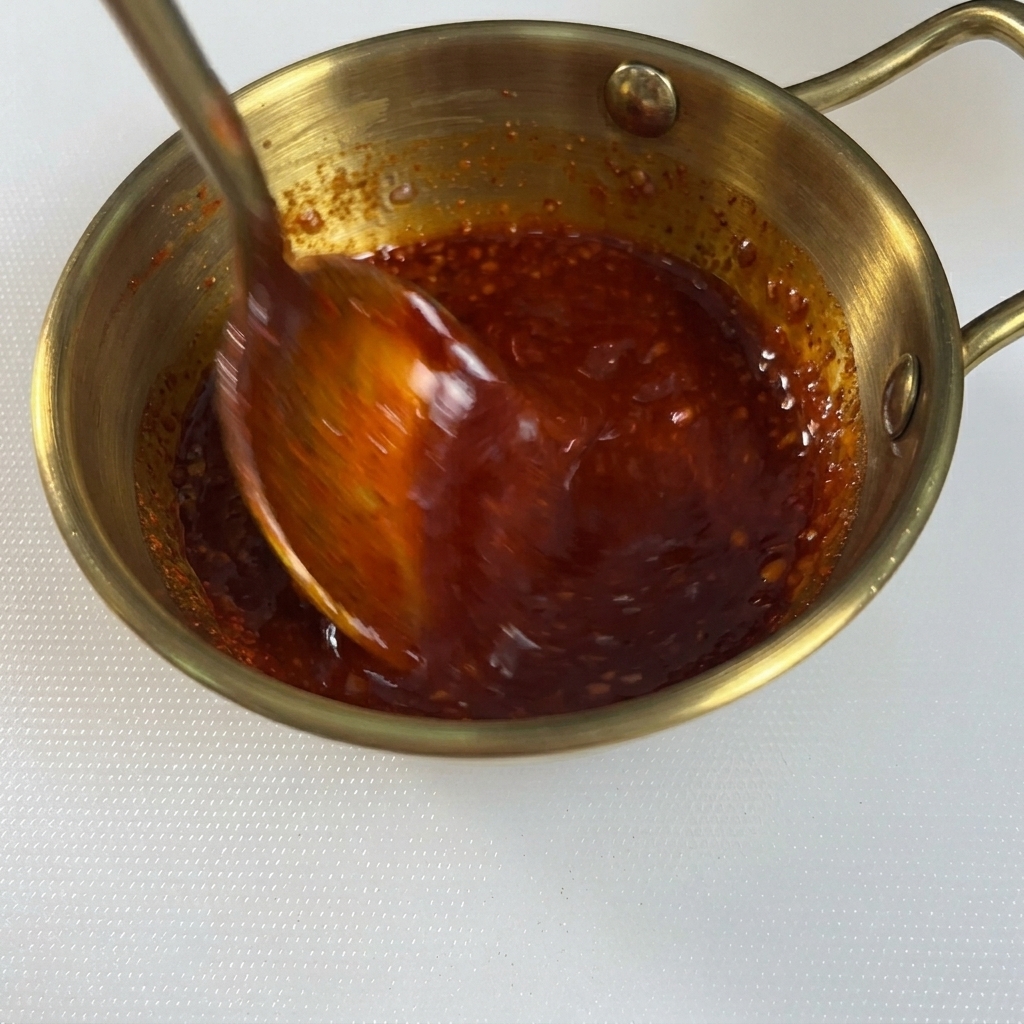 Ein Metalllöffel verrührt eine dicke, leuchtend rote Sauce in einer Schüssel.