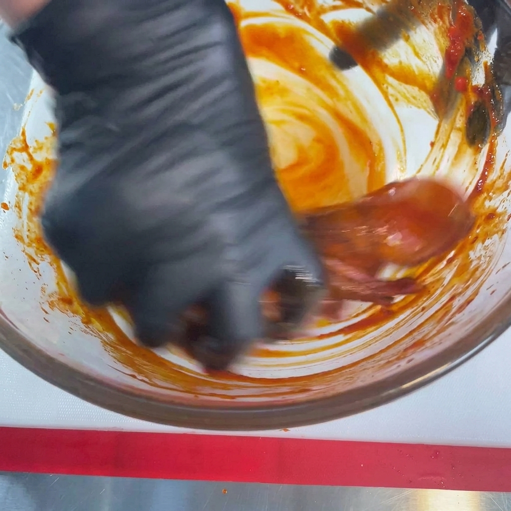 Eine Hand in einem schwarzen Handschuh reibt rohen Tintenfisch in einer Glasschüssel gründlich mit einer dicken, roten scharfen Sauce ein.