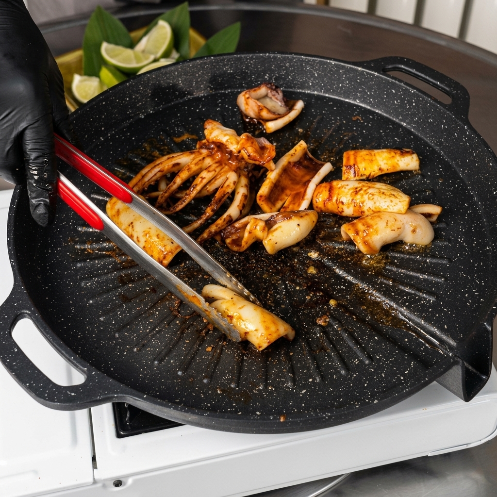 Gegrillte Tintenfischtentakel und Tubenstücke werden mit einer Zange und einer Schere direkt in der heißen Grillpfanne in Stücke geschnitten.