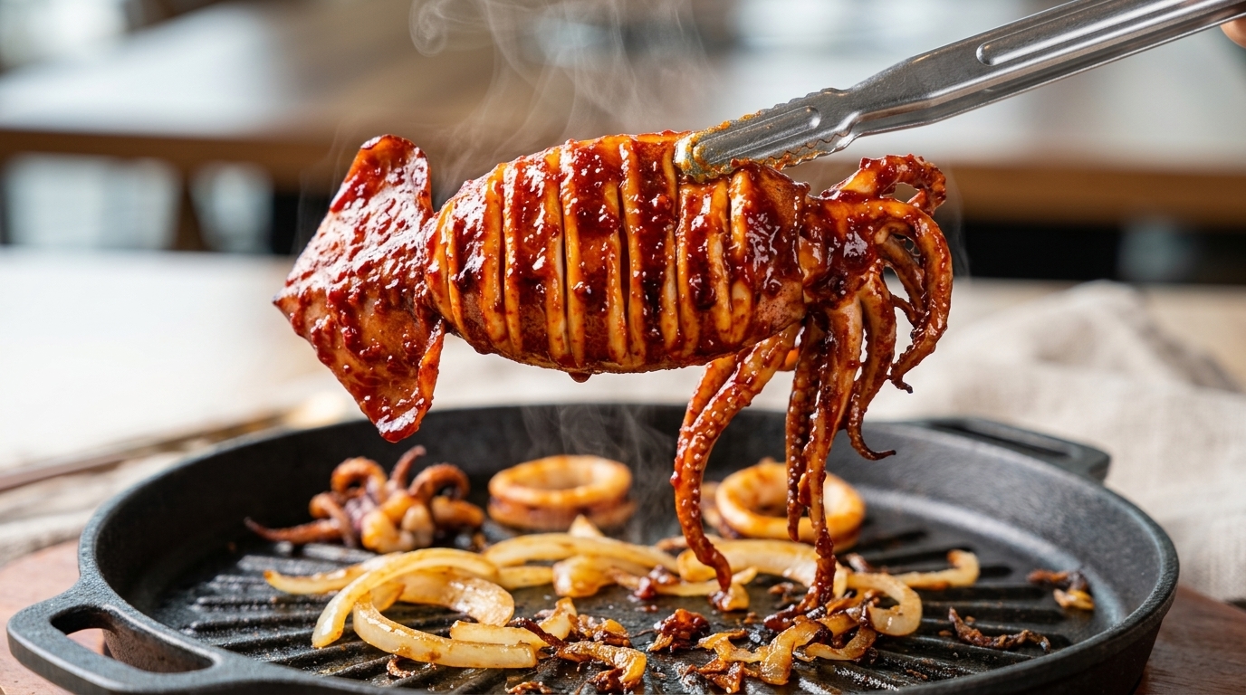 Scharf gegrillter Tintenfisch mit Knoblauch-Chili-Glasur