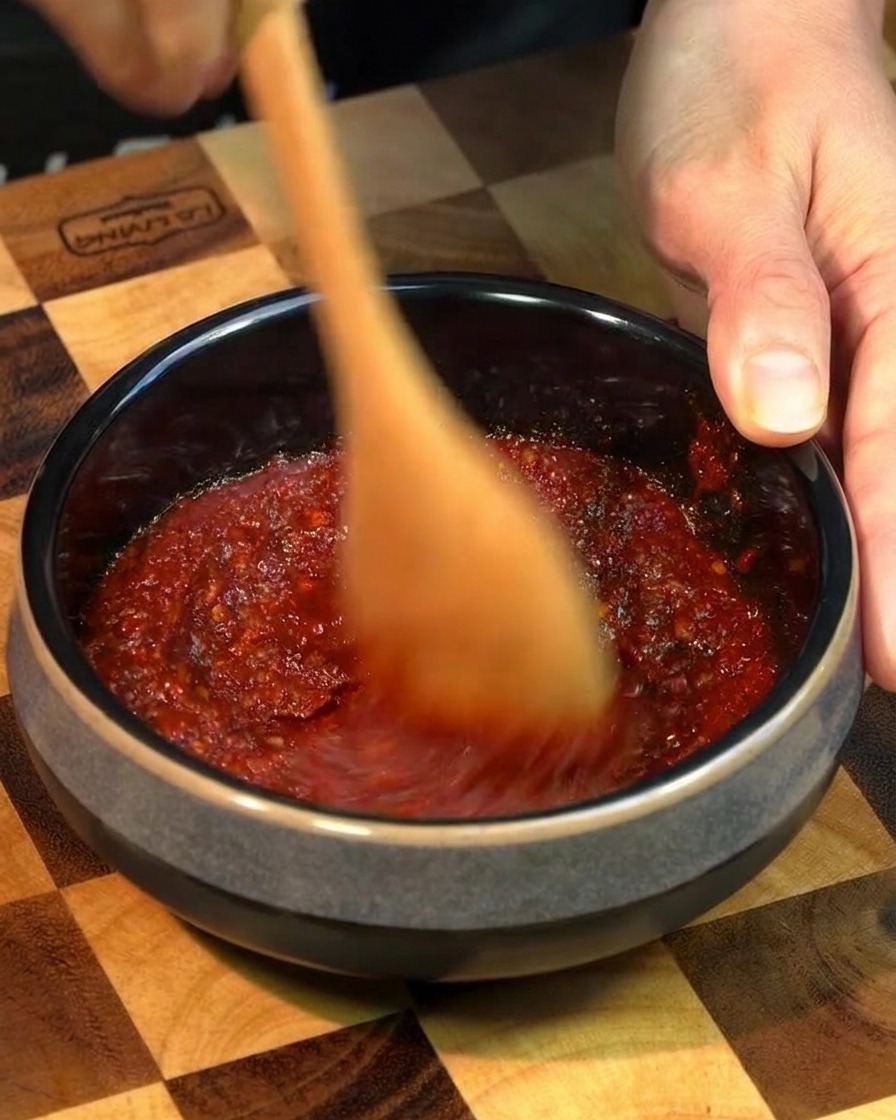 Eine Hand rührt eine dicke rote Chili-Würzpaste mit einem Holzlöffel in einer kleinen dunklen Keramikschale an.
