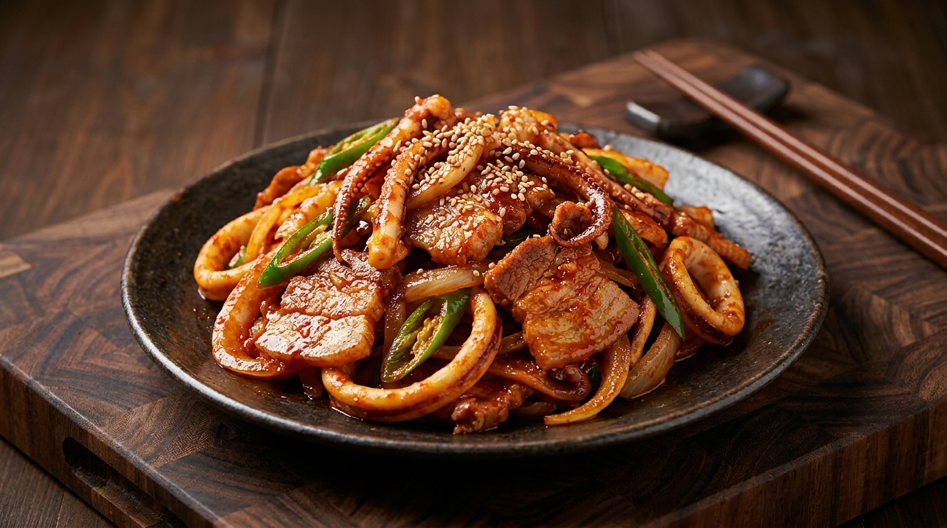 Scharfe koreanische Tintenfisch- und Schweinebauch-Pfanne (Osam-Bulgogi)