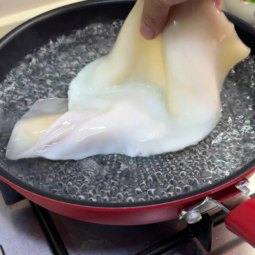 Ein ganzer, gesäuberter Tintenfisch wird von Hand in einen Topf mit sprudelnd kochendem Wasser gegeben.