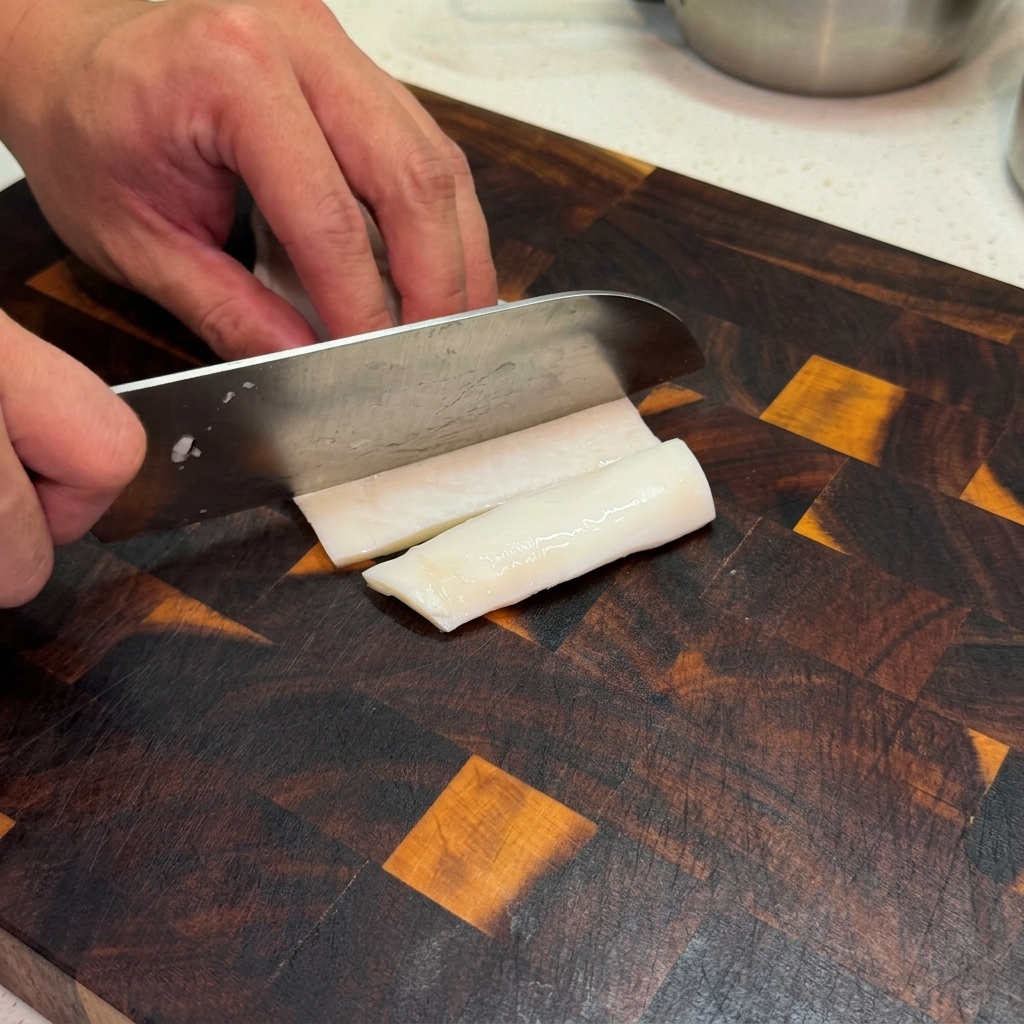 Eine Person schneidet ein Stück weißen, blanchierten Tintenfisch mit einem Messer in Streifen auf einem dunklen Holzschneidebrett.